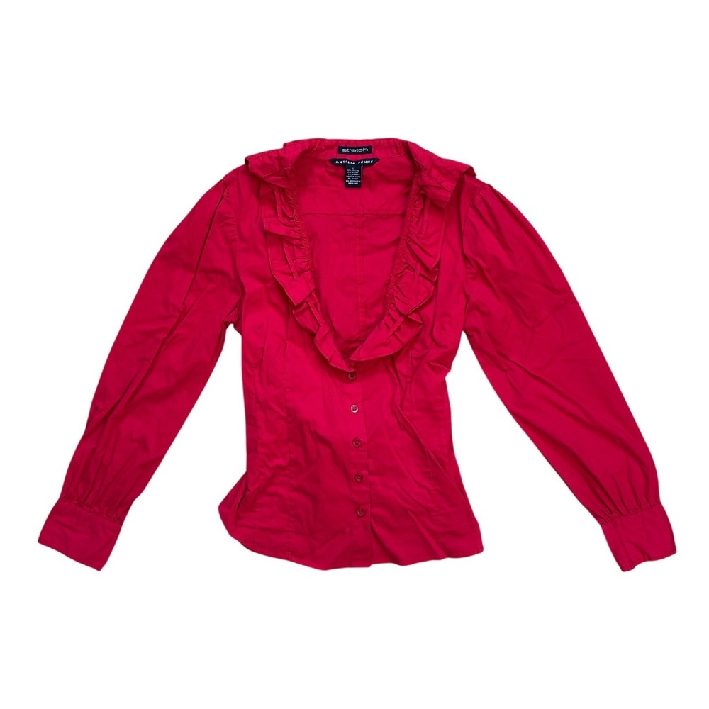 Red Ruffle Button Down Blouse Tie Back‎ Y2K Vintage L preppy officesiren sexy